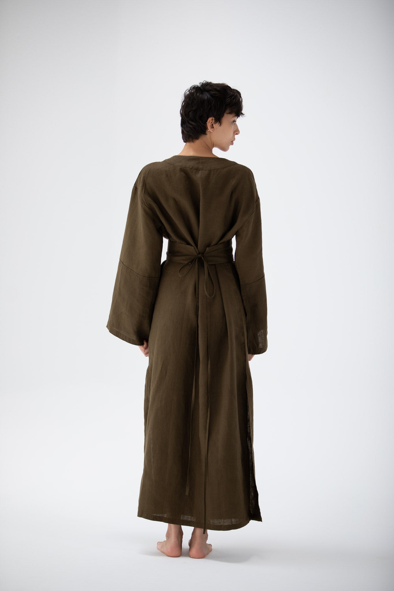 Linen Kimono Dress Dark Olive
