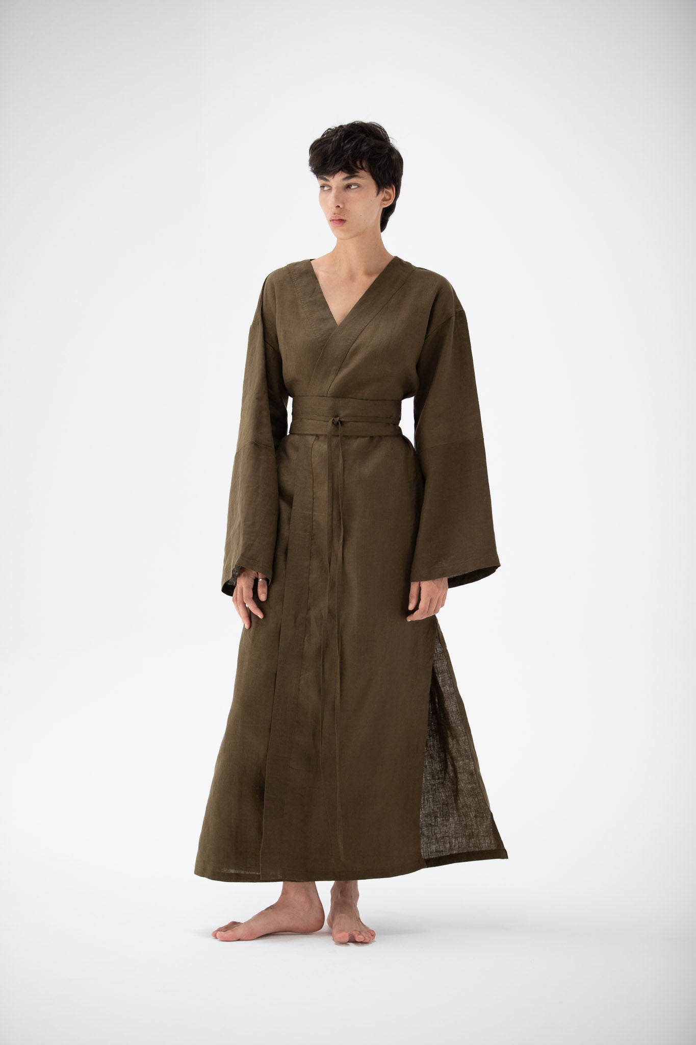 Linen Kimono Dress Dark Olive – Atelier Mizuni