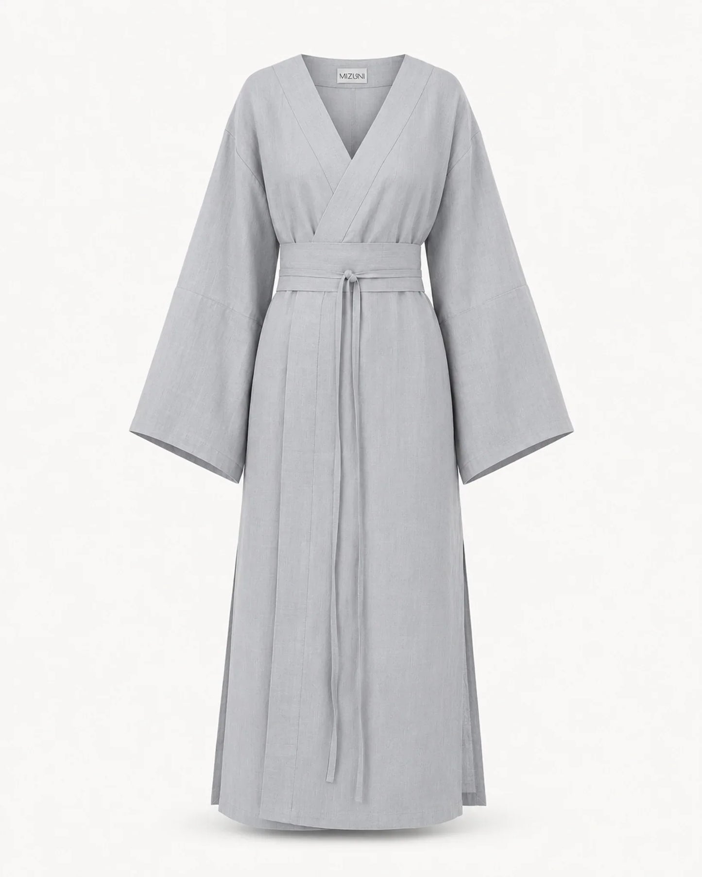 Grey-blue Atelier Mizuni linen kimono dress detail
