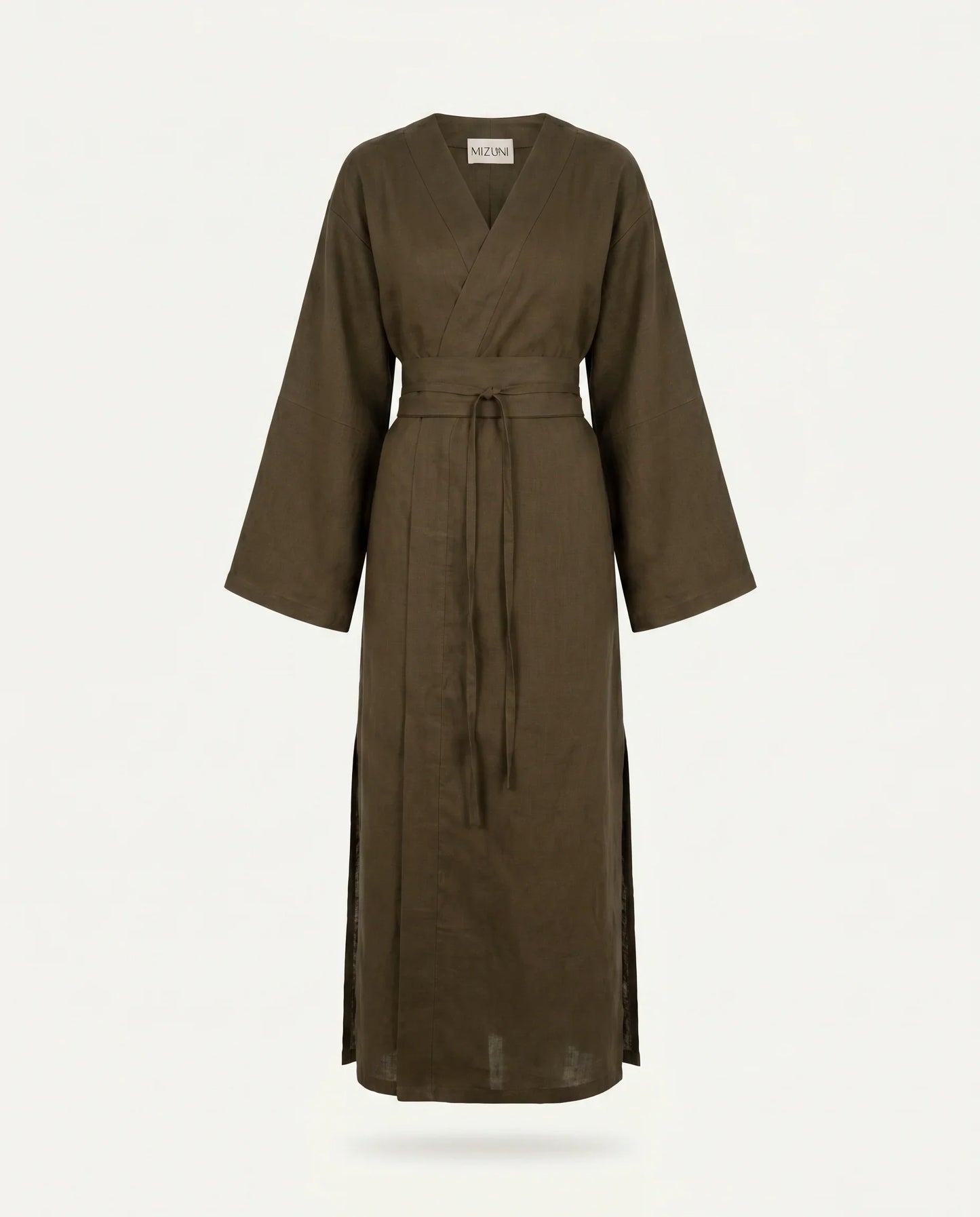 Dark olive linen kimono dress product image by Atelier Mizuni