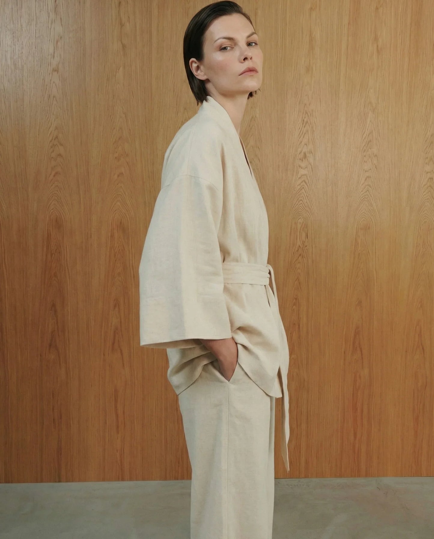 Atelier Mizuni linen kimono jacket outfit detail