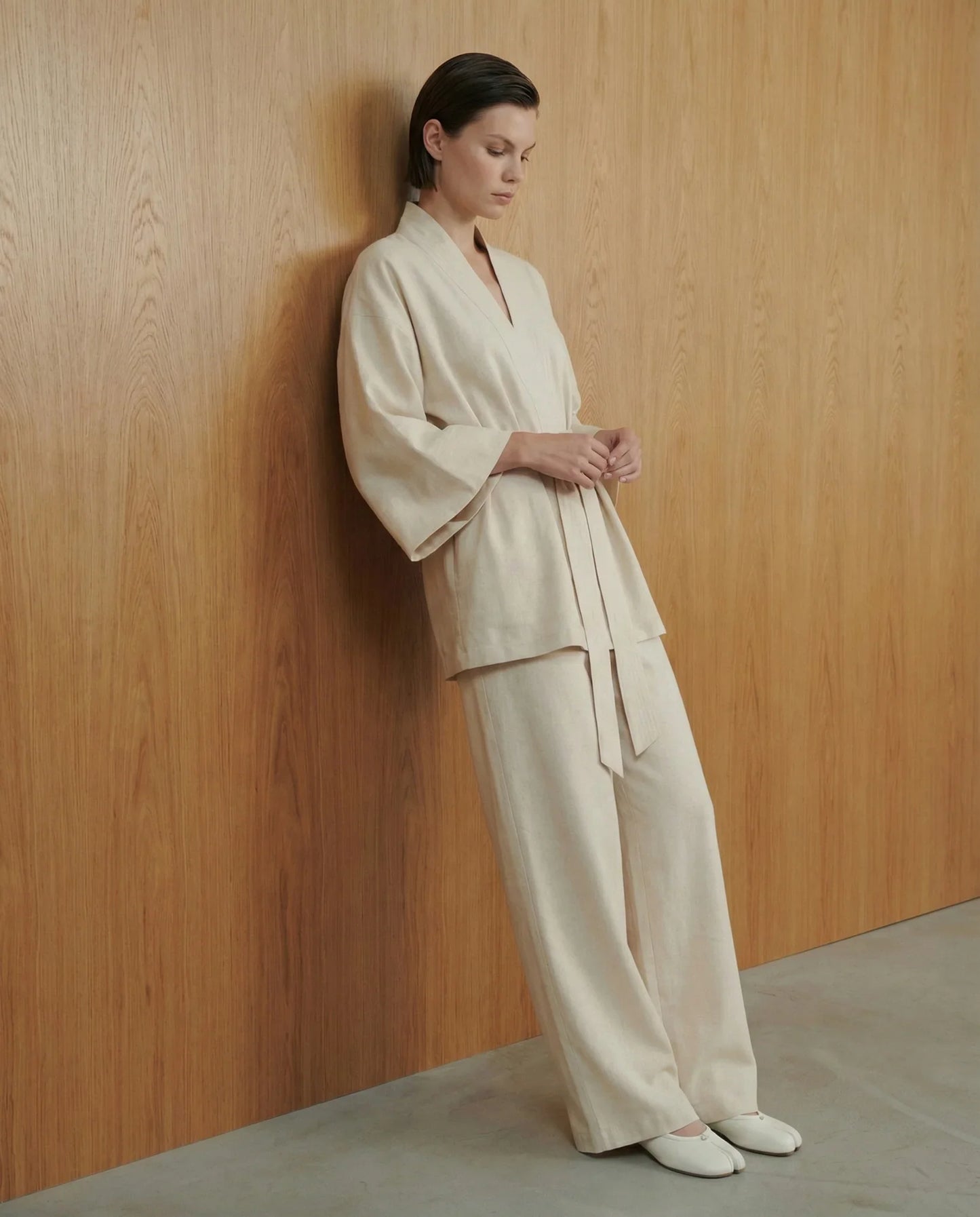 Linen kimono jacket layered with matching linen pants