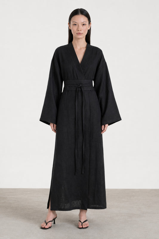 Linen Kimono Dress Black