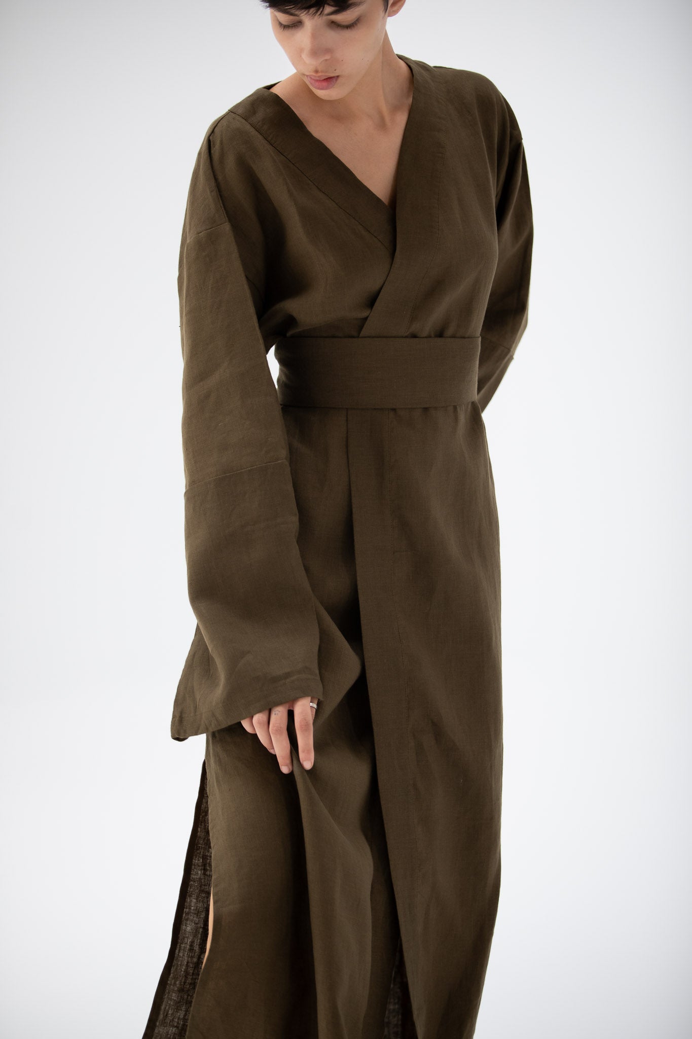 Linen Kimono Dress Dark Olive