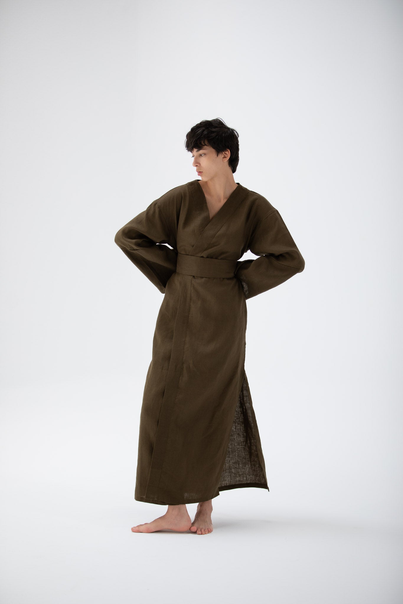Linen Kimono Dress Dark Olive Atelier Mizuni Linen Kimono Dress Dark Olive Atelier Mizuni