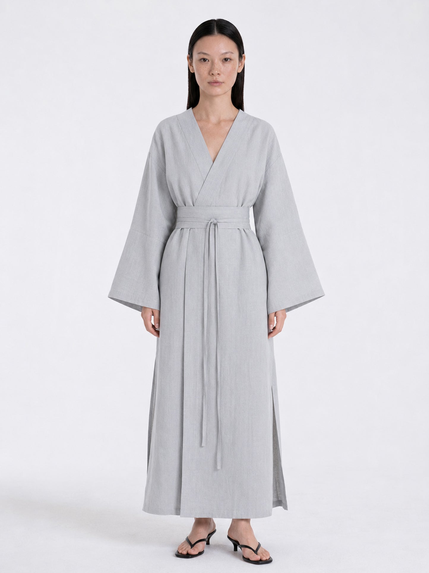 Robe Kimono Lin Bleu Gris 