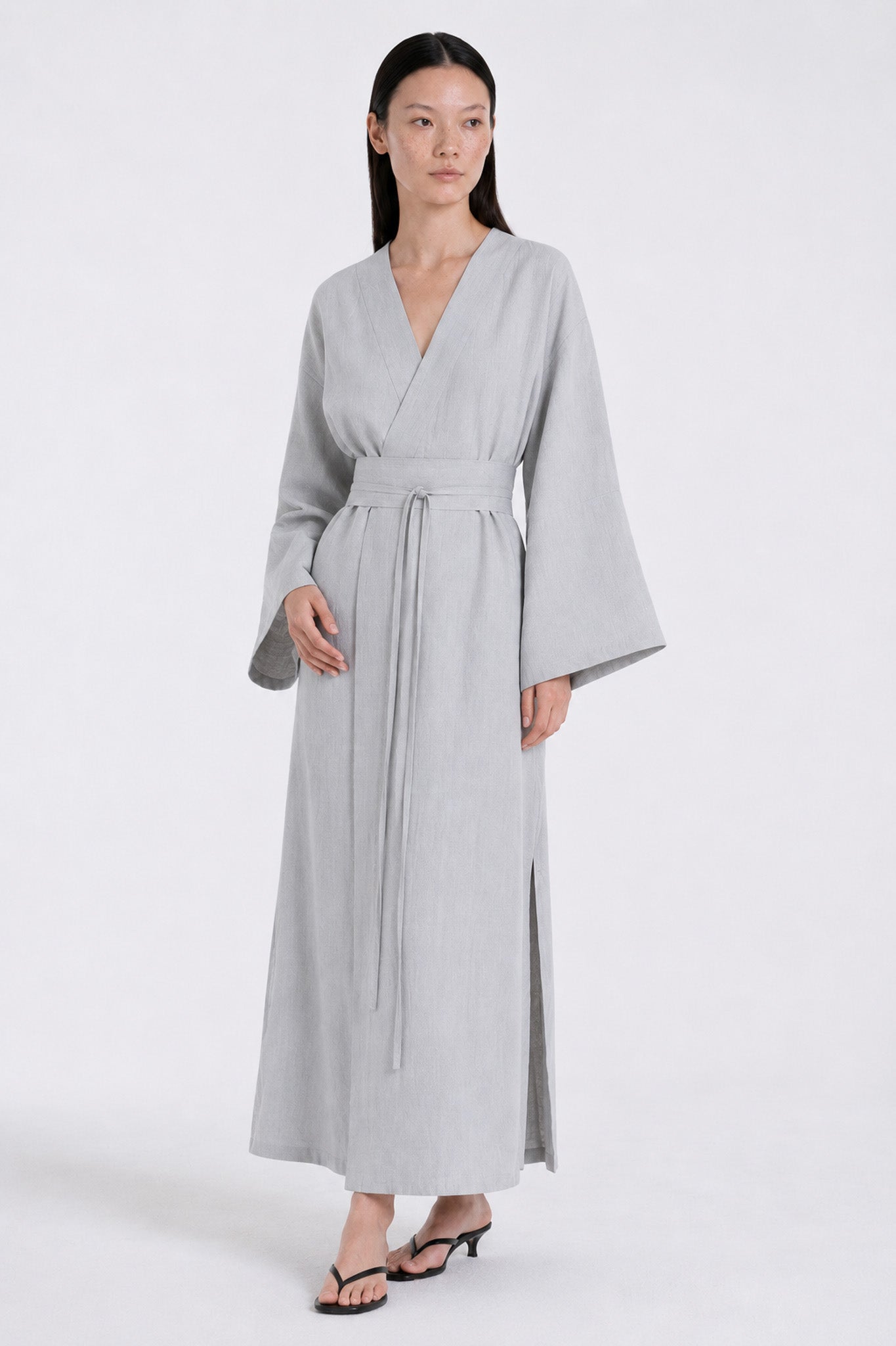 Robe Kimono Lin Bleu Gris 