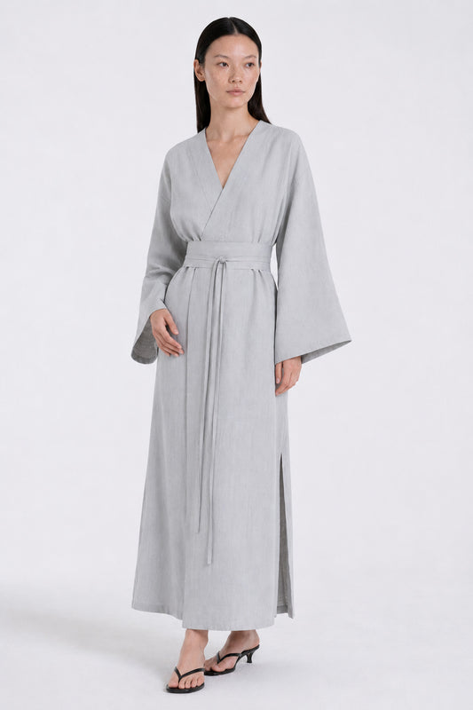 Linen Kimono Dress Grey Blue