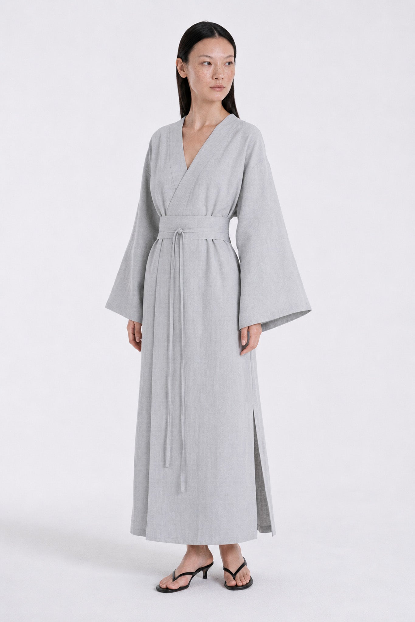 Robe Kimono Lin Bleu Gris 
