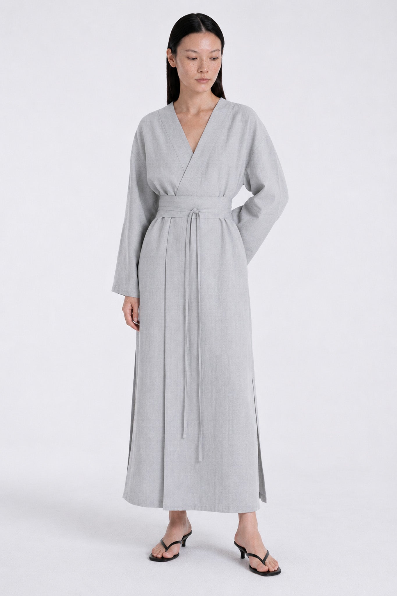 Robe Kimono Lin Bleu Gris 