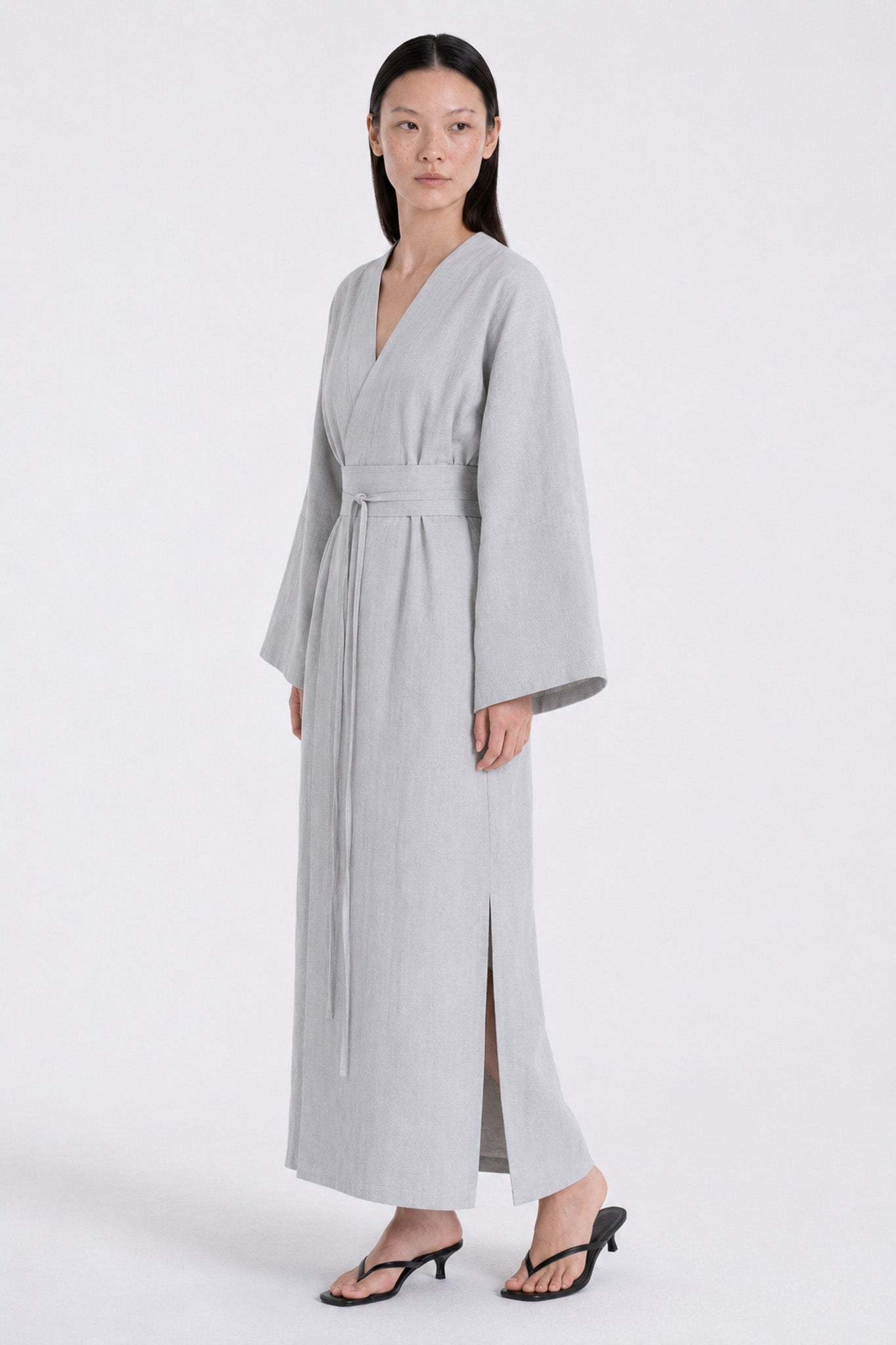 Robe Kimono Lin Bleu Gris 