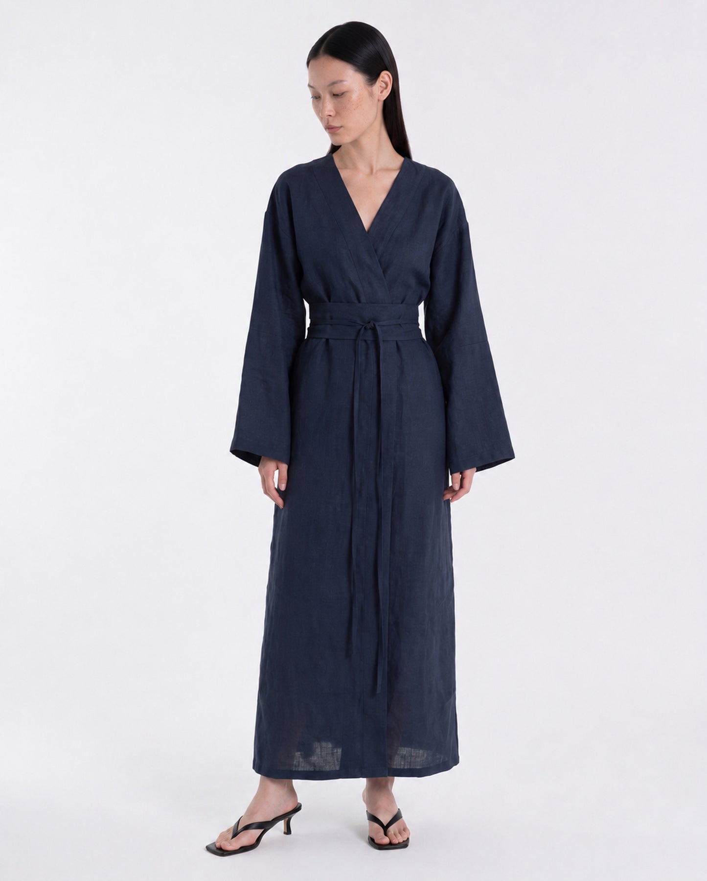 Midnight blue linen kimono dress with wide sleeves