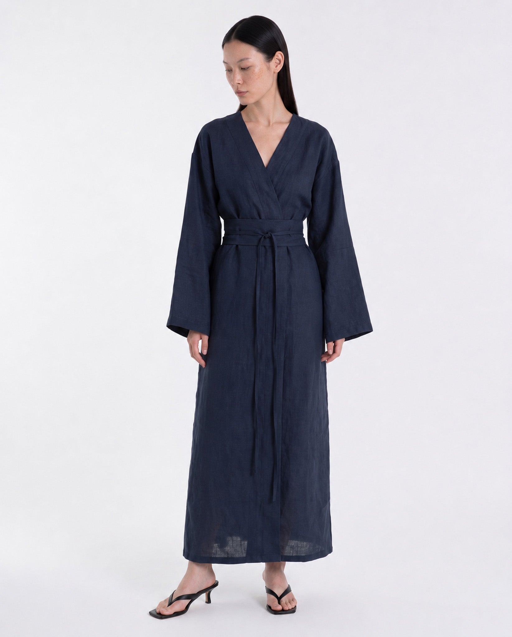 Midnight blue linen kimono dress with wide sleeves