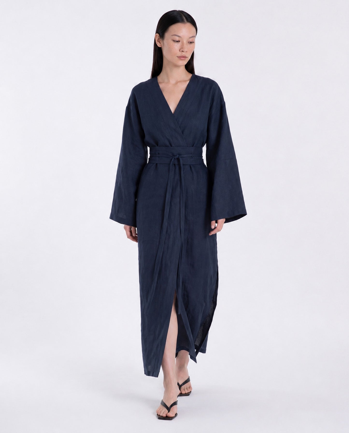 Long midnight blue linen kimono dress with obi belt