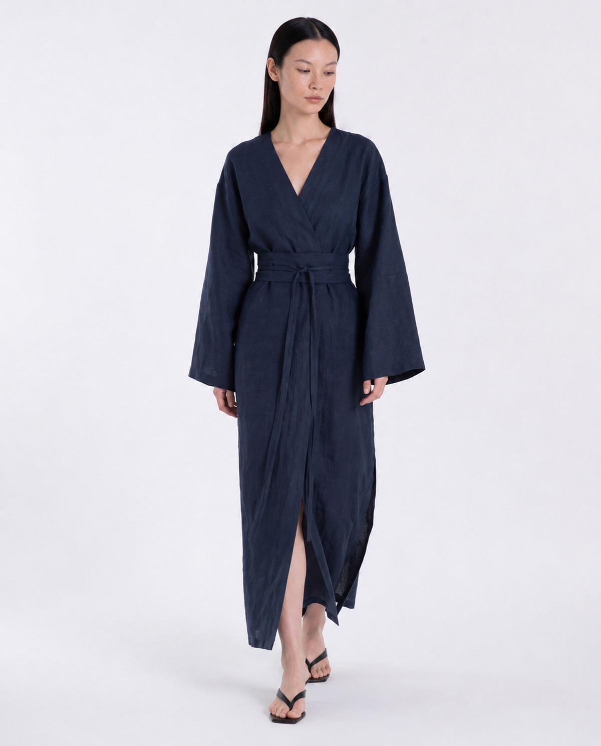 Long midnight blue linen kimono dress with obi belt