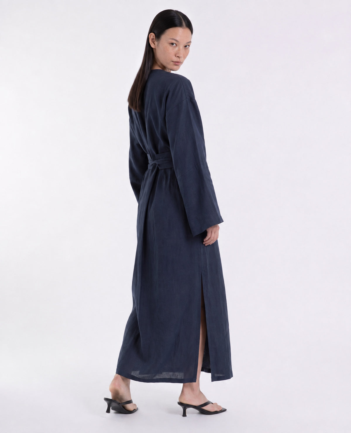 Midnight blue linen kimono dress in a relaxed wrap silhouette