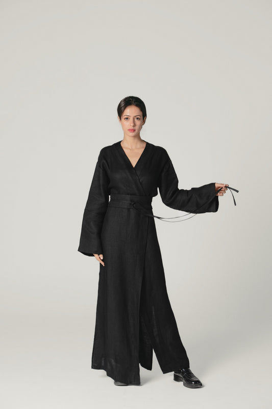 Model wearing the black kimono dress made by Atelier Mizuni