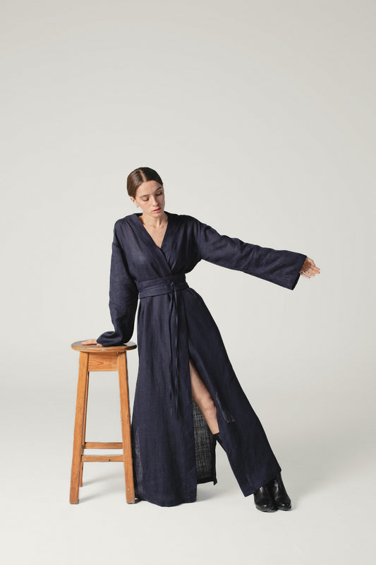 model wearing a midnight Blue linen kimono dress