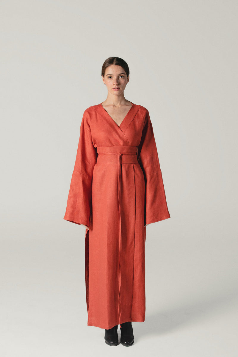 Terracotta linen kimono dress by Atelier Mizuni showcasing one-size minimalist design